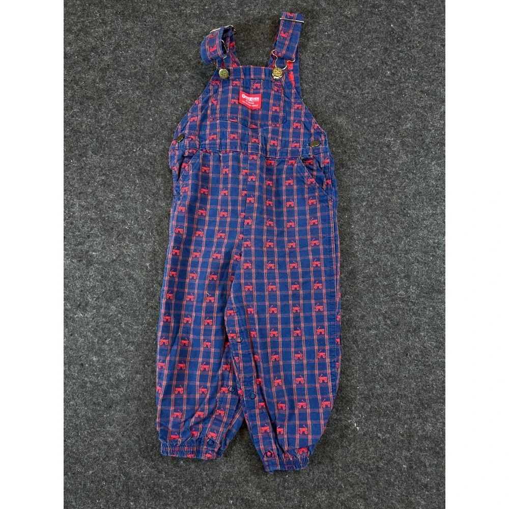 VINTAGE OshKosh Bgosh Overalls Kids 3T Blue Red Plaid Wagon AOP Vestbak USA 90s